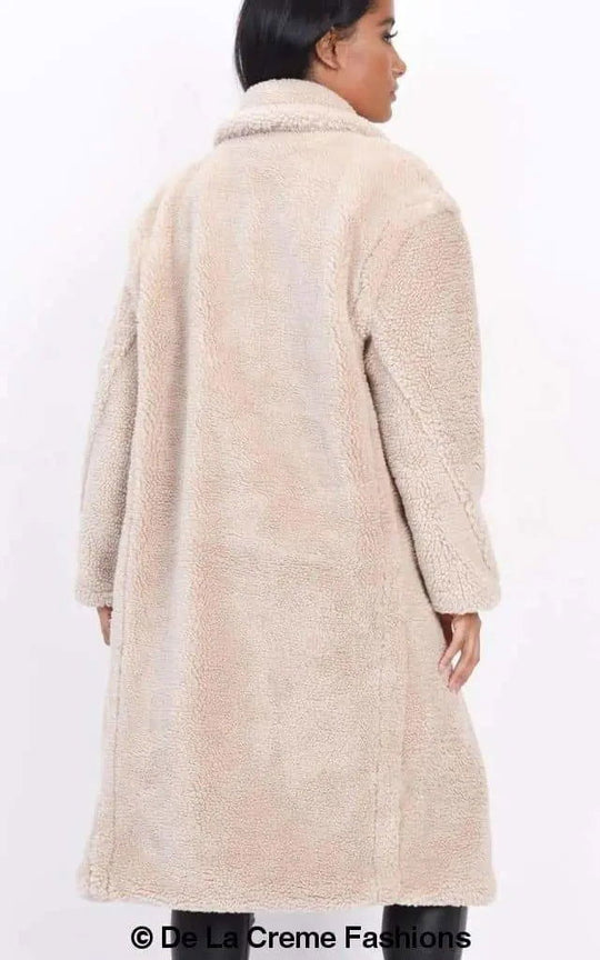 Jackie Dubbelzijdige Borg Teddy Midi Jas | Oversized Pasvorm met Dubbelzijdige Knoopsluiting | Volledig Gevoerd