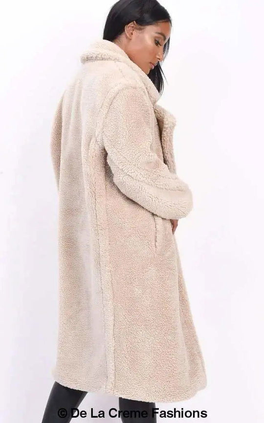 Jackie Dubbelzijdige Borg Teddy Midi Jas | Oversized Pasvorm met Dubbelzijdige Knoopsluiting | Volledig Gevoerd
