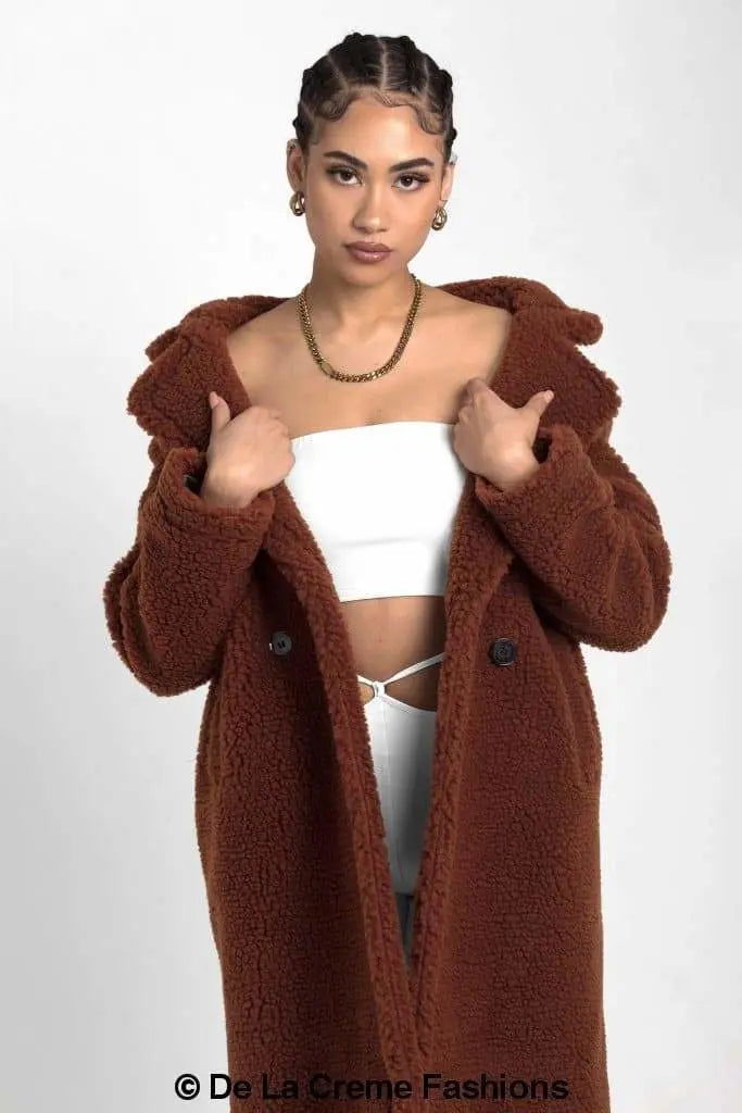 Jackie Dubbelzijdige Borg Teddy Midi Jas | Oversized Pasvorm met Dubbelzijdige Knoopsluiting | Volledig Gevoerd