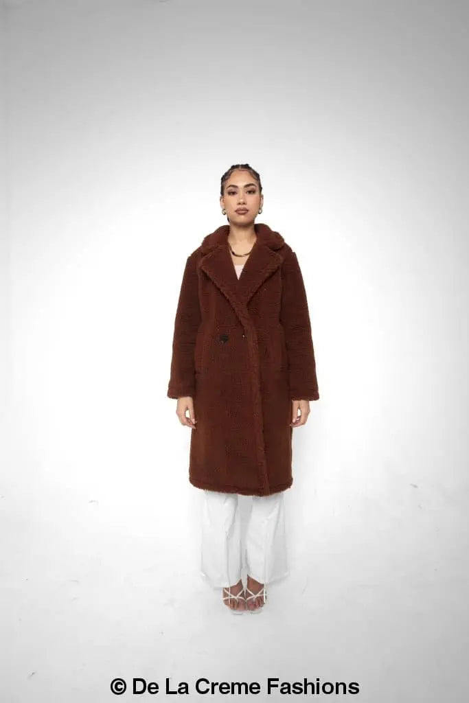 Jackie Dubbelzijdige Borg Teddy Midi Jas | Oversized Pasvorm met Dubbelzijdige Knoopsluiting | Volledig Gevoerd