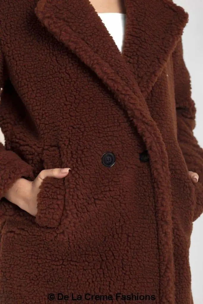 Jackie Dubbelzijdige Borg Teddy Midi Jas | Oversized Pasvorm met Dubbelzijdige Knoopsluiting | Volledig Gevoerd