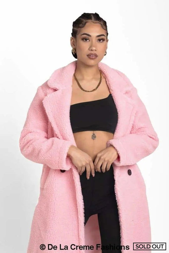 Jackie Dubbelzijdige Borg Teddy Midi Jas | Oversized Pasvorm met Dubbelzijdige Knoopsluiting | Volledig Gevoerd