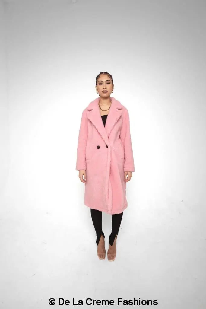 Jackie Dubbelzijdige Borg Teddy Midi Jas | Oversized Pasvorm met Dubbelzijdige Knoopsluiting | Volledig Gevoerd