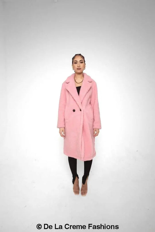 Jackie Dubbelzijdige Borg Teddy Midi Jas | Oversized Pasvorm met Dubbelzijdige Knoopsluiting | Volledig Gevoerd