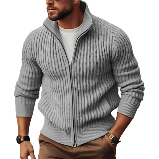 Heren Geribbelde Zip-Up Cardigan met Staande Kraag en Fitte Silhouet