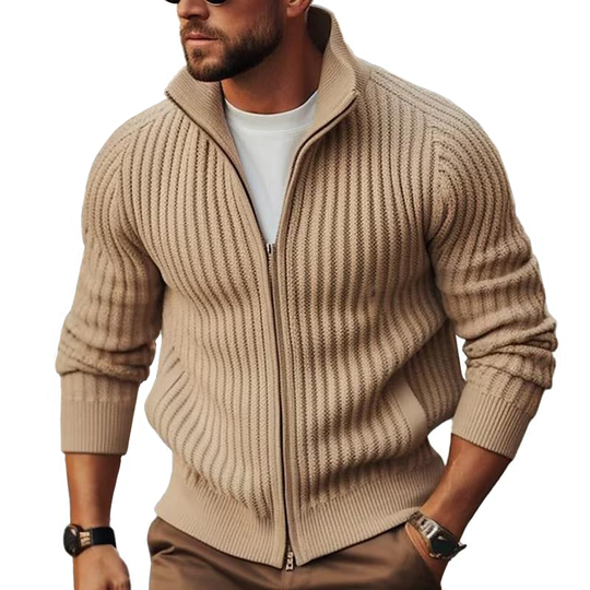 Heren Geribbelde Zip-Up Cardigan met Staande Kraag en Fitte Silhouet
