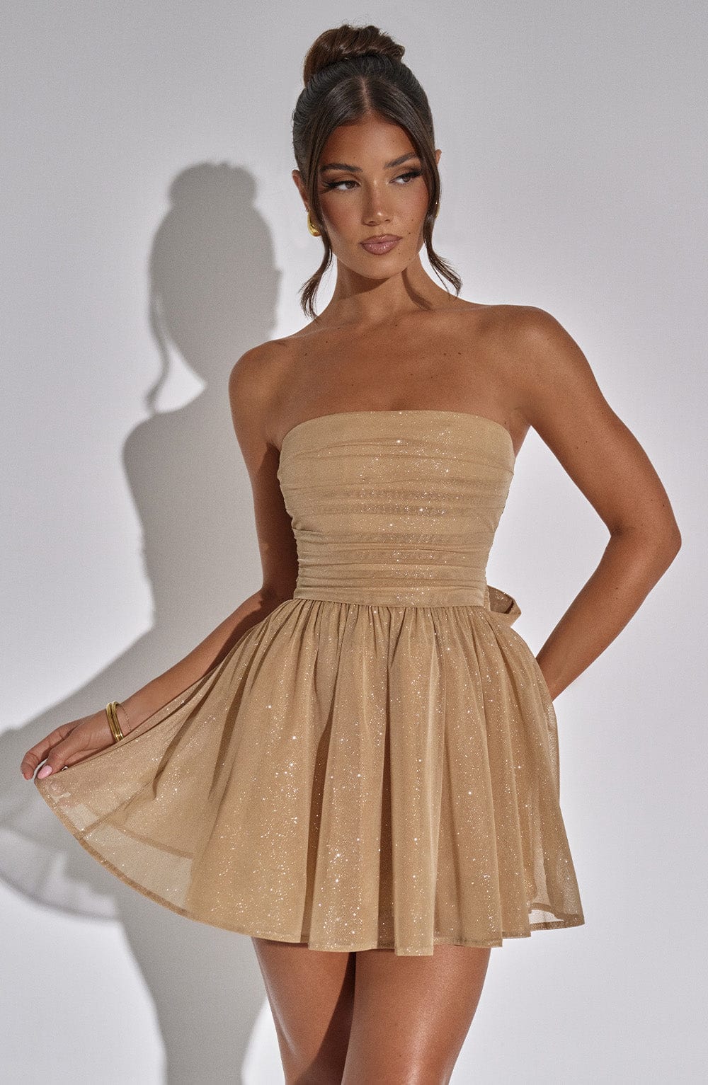 Dames Strapless Mini Jurk | Gouden Glitter | Met Strik | Party & Cocktail Dress