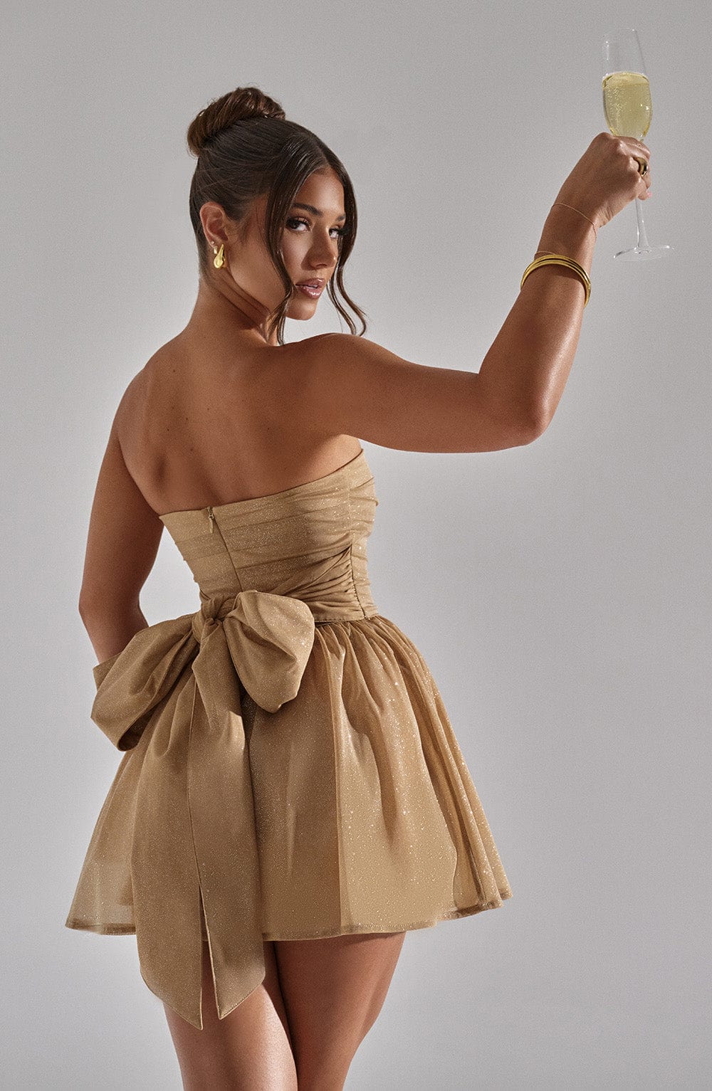 Dames Strapless Mini Jurk | Gouden Glitter | Met Strik | Party & Cocktail Dress