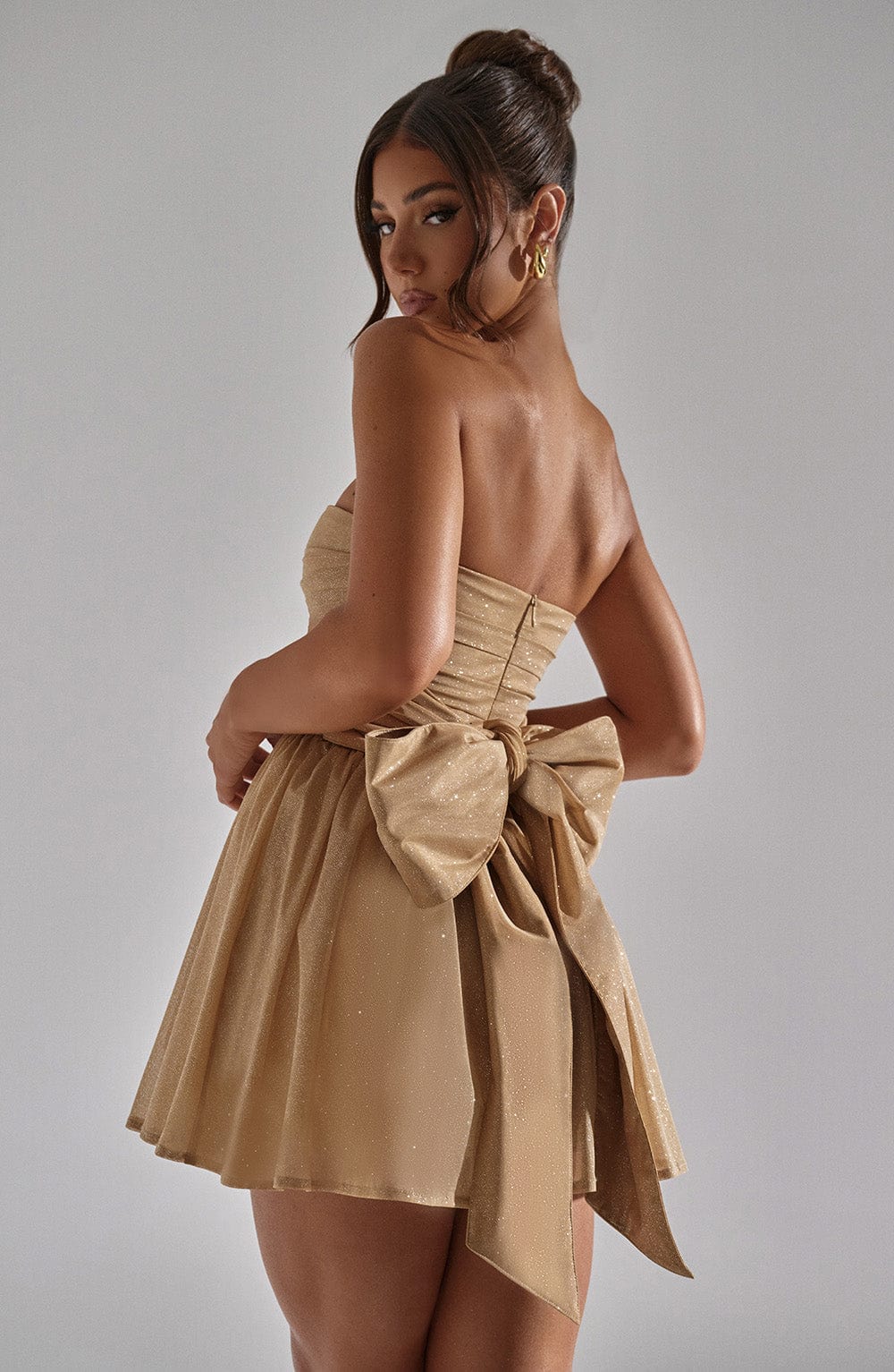 Dames Strapless Mini Jurk | Gouden Glitter | Met Strik | Party & Cocktail Dress