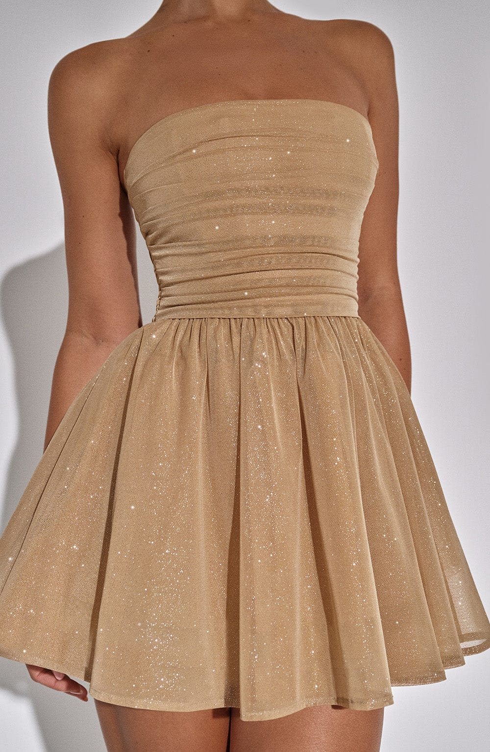Dames Strapless Mini Jurk | Gouden Glitter | Met Strik | Party & Cocktail Dress