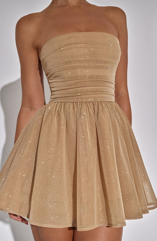 Dames Strapless Mini Jurk | Gouden Glitter | Met Strik | Party & Cocktail Dress
