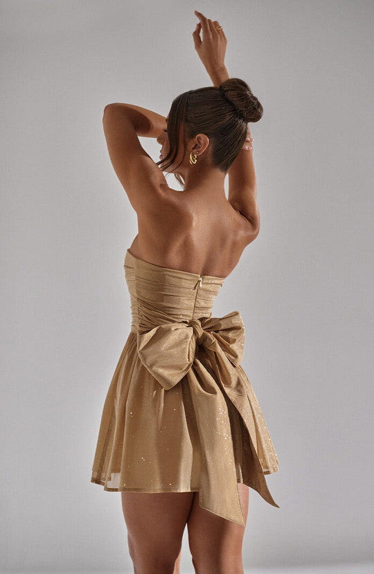 Dames Strapless Mini Jurk | Gouden Glitter | Met Strik | Party & Cocktail Dress