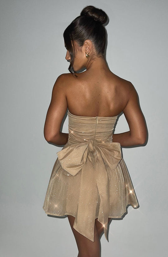 Dames Strapless Mini Jurk | Gouden Glitter | Met Strik | Party & Cocktail Dress
