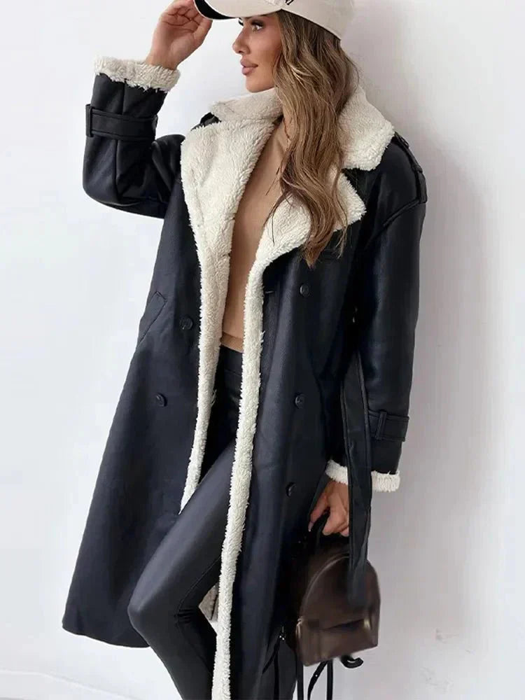 Dames Lange Schapenvachtjas | Met Ceintuur | Winterwarmte