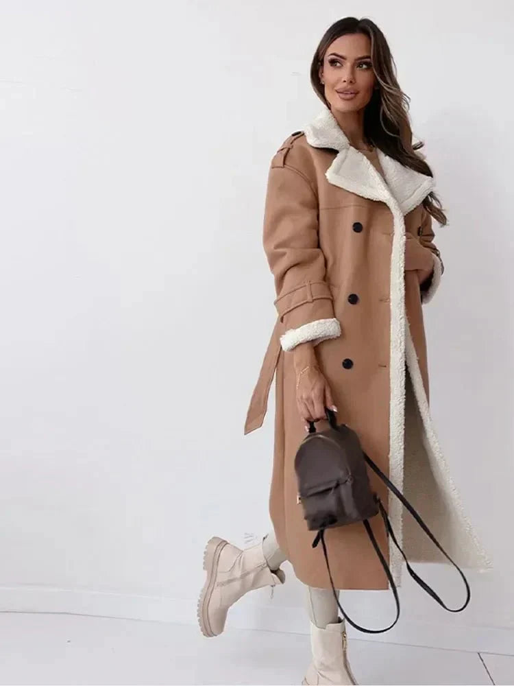 Dames Lange Schapenvachtjas | Met Ceintuur | Winterwarmte