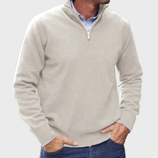 Heren Half-Zip Gebreide Trui met Staande Kraag en Geribbelde Mouwen