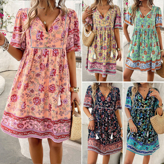 Zomerse damesjurk van viscose met etnisch patroon