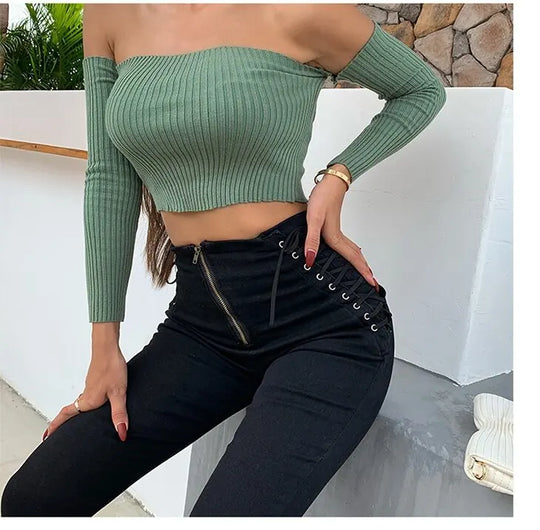 Damesjeans met hoge taille en striksluiting
