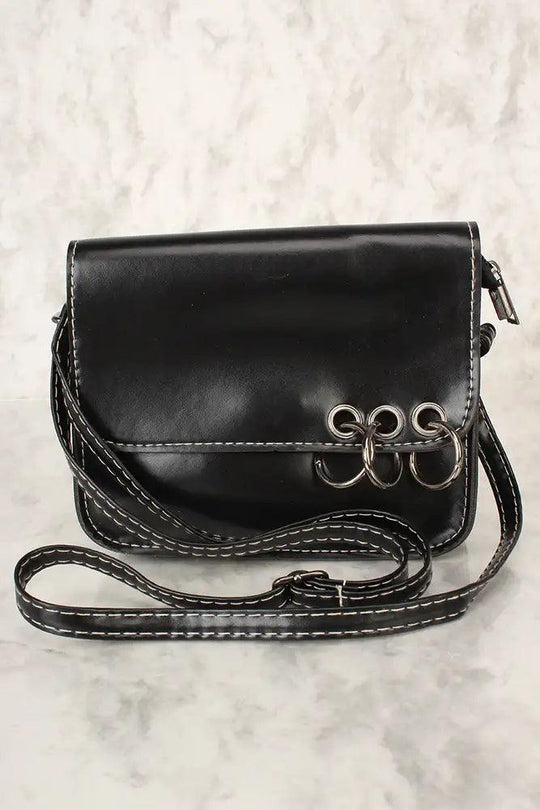Sexy Zwarte Faux Leer O-Ring Accent Kleine Schoudertas/ Handtas