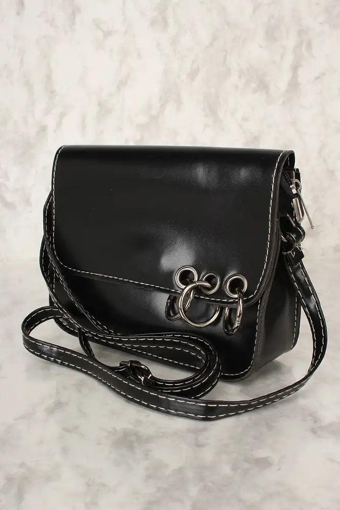 Sexy Zwarte Faux Leer O-Ring Accent Kleine Schoudertas/ Handtas
