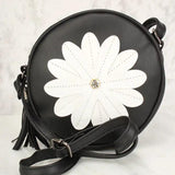 Sexy Zwarte Bloem Patch Versleten Faux Leren Cirkel Crossbody Tas
