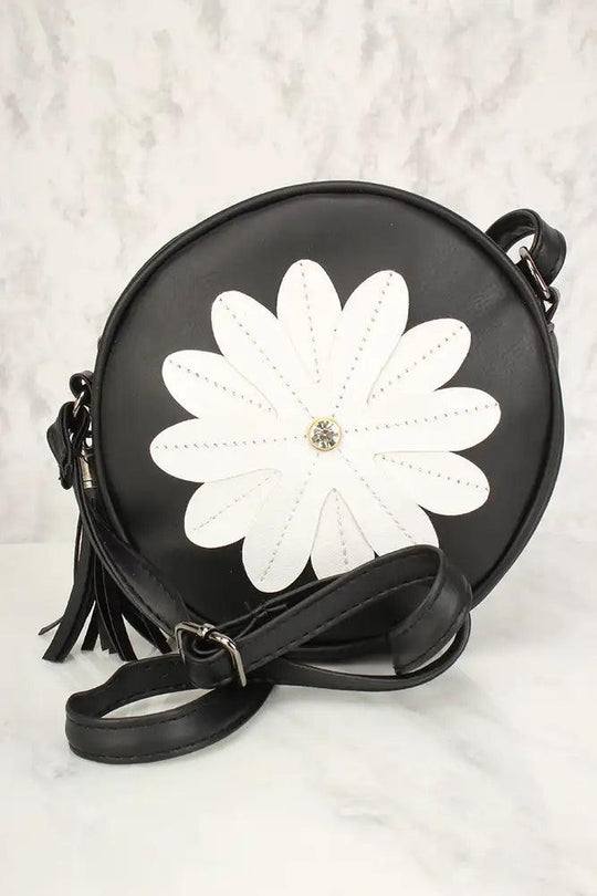 Sexy Zwarte Bloem Patch Versleten Faux Leren Cirkel Crossbody Tas