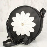 Sexy Zwarte Bloem Patch Versleten Faux Leren Cirkel Crossbody Tas