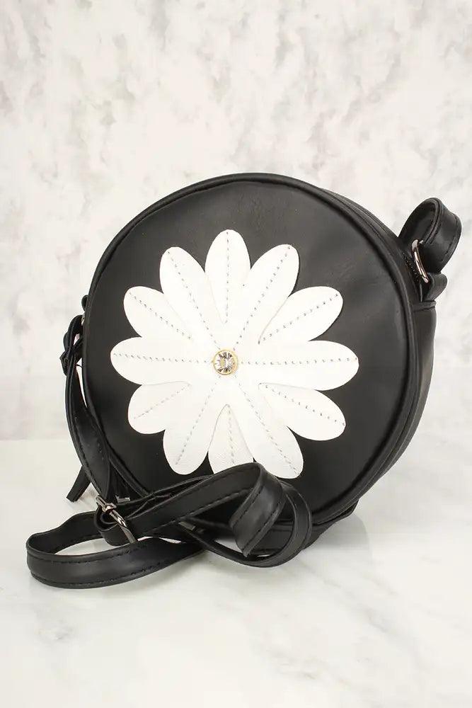 Sexy Zwarte Bloem Patch Versleten Faux Leren Cirkel Crossbody Tas