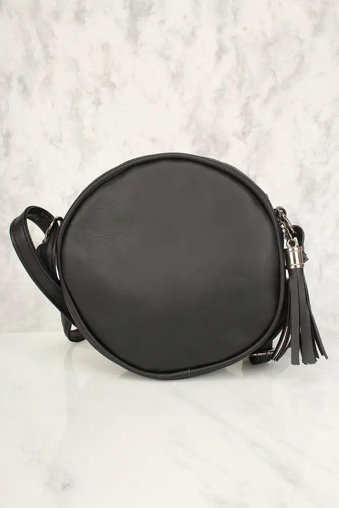 Sexy Zwarte Bloem Patch Versleten Faux Leren Cirkel Crossbody Tas