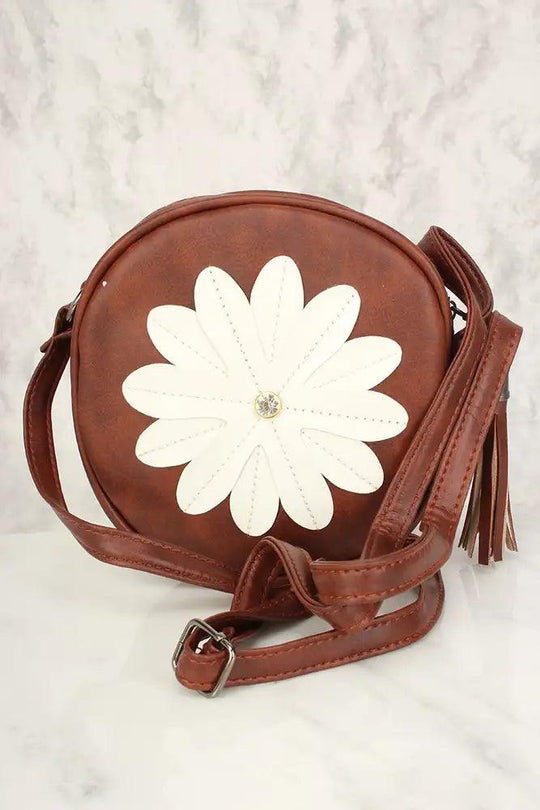 Sexy Bruine Bloem Patches Versleten Faux Leer Cirkel Crossbody Tas