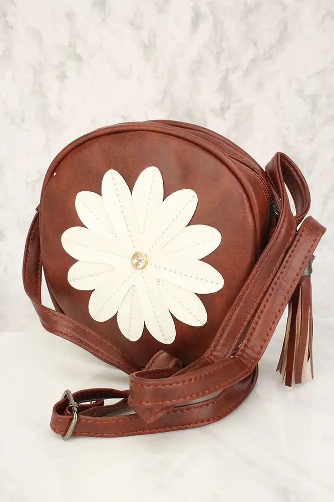 Sexy Bruine Bloem Patches Versleten Faux Leer Cirkel Crossbody Tas