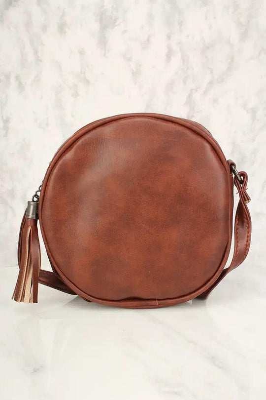 Sexy Bruine Bloem Patches Versleten Faux Leer Cirkel Crossbody Tas