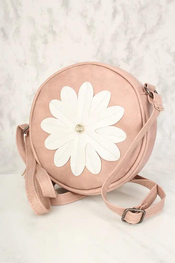 Sexy Stof Roze Bloem Patches Versleten Faux Leren Ronde Schoudertas