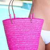 Sexy Fuchsia Witte Geborduurde Stro Woven Mini Tote Handtas