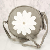 Sexy Grijze Bloem Patches Versleten Faux Leer Cirkel Crossbody Tas