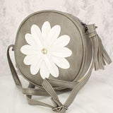 Sexy Grijze Bloem Patches Versleten Faux Leer Cirkel Crossbody Tas