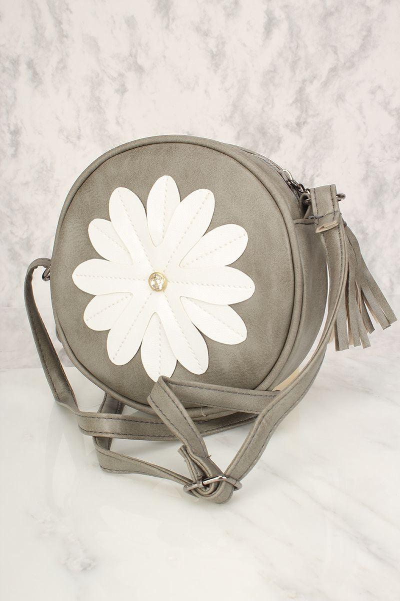 Sexy Grijze Bloem Patches Versleten Faux Leer Cirkel Crossbody Tas