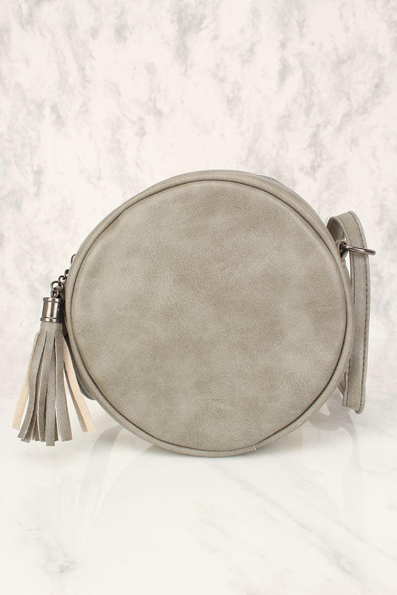 Sexy Grijze Bloem Patches Versleten Faux Leer Cirkel Crossbody Tas
