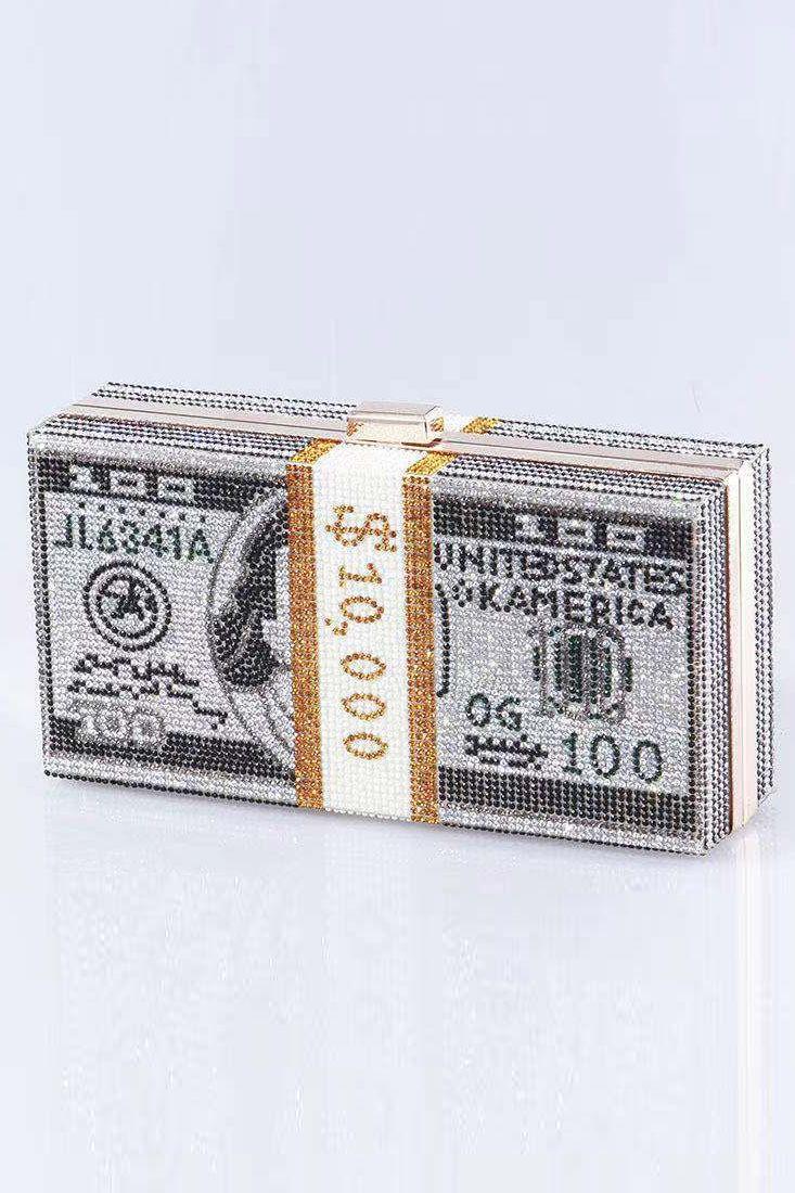 Multi US Dollar Rhinestone Schoudertas/Handtas met Ketting
