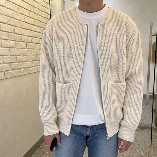 Heren Minimalistische Zip-Up Cardigan met Ronde Hals en Geribbelde Brei