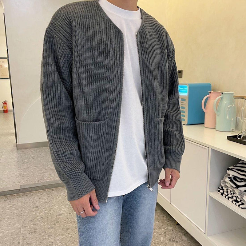 Heren Minimalistische Zip-Up Cardigan met Ronde Hals en Geribbelde Brei