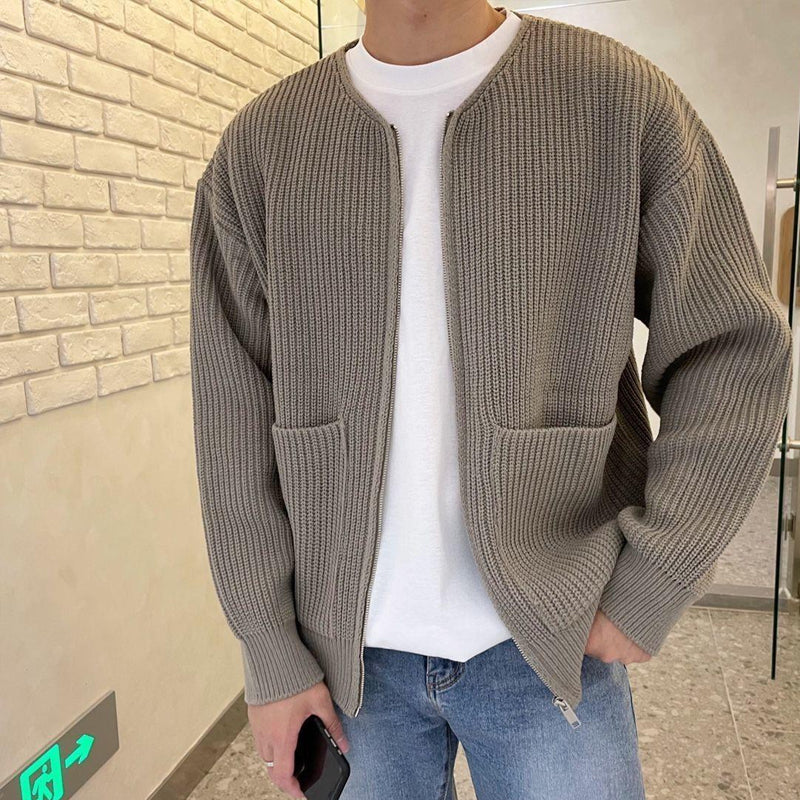 Heren Minimalistische Zip-Up Cardigan met Ronde Hals en Geribbelde Brei