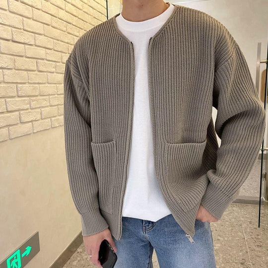 Heren Minimalistische Zip-Up Cardigan met Ronde Hals en Geribbelde Brei