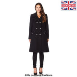 Dames Wollen Mix Dubbel Breasted Midi Jas | Elegante Mantel met Militaire Details | Gemaakt in Engeland