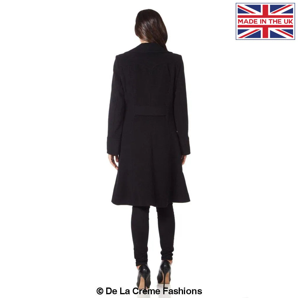 Dames Wollen Mix Dubbel Breasted Midi Jas | Elegante Mantel met Militaire Details | Gemaakt in Engeland