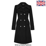 Dames Wollen Mix Dubbel Breasted Midi Jas | Elegante Mantel met Militaire Details | Gemaakt in Engeland
