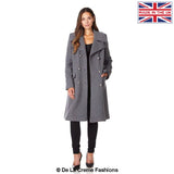 Dames Wollen Mix Dubbel Breasted Midi Jas | Elegante Mantel met Militaire Details | Gemaakt in Engeland