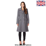 Dames Wollen Mix Dubbel Breasted Midi Jas | Elegante Mantel met Militaire Details | Gemaakt in Engeland