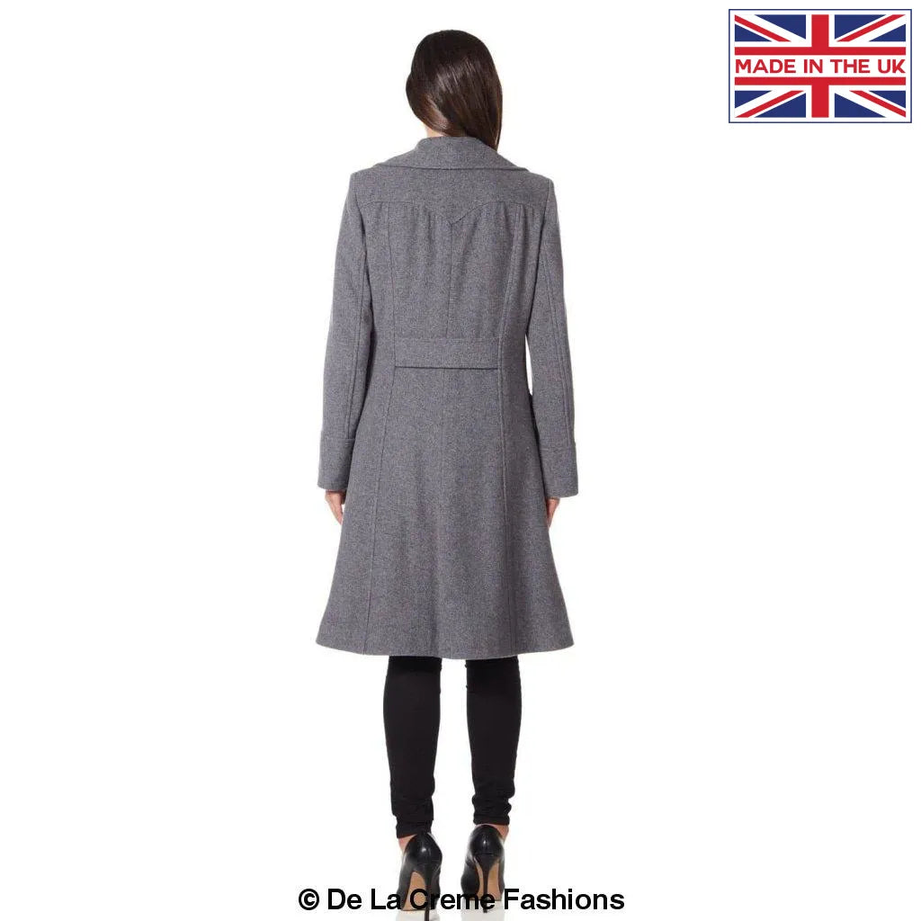 Dames Wollen Mix Dubbel Breasted Midi Jas | Elegante Mantel met Militaire Details | Gemaakt in Engeland