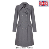 Dames Wollen Mix Dubbel Breasted Midi Jas | Elegante Mantel met Militaire Details | Gemaakt in Engeland